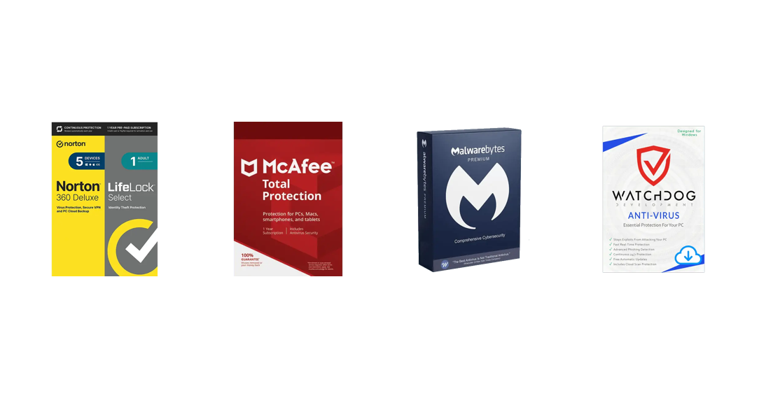 Norton, McAfee, Malwarebytes and Watchdog product boxes